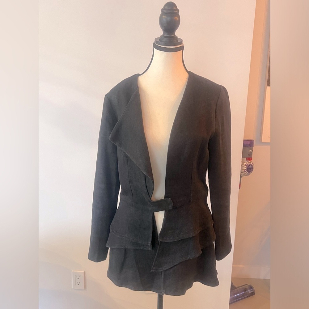 Society black linen blazer with ruffle detail